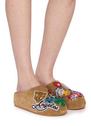 Figure View - Click To Enlarge - NAN-KU COUTURE - Embroidered Patch Suede Clogs