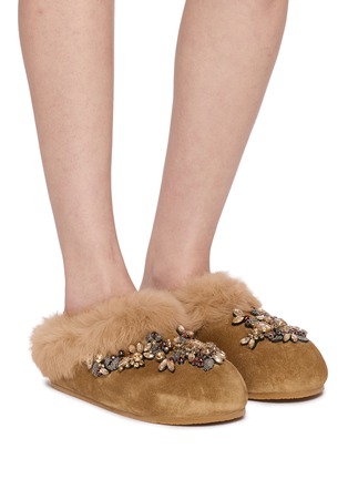Figure View - Click To Enlarge - NAN-KU COUTURE - Embellished Suede Shearling Clogs