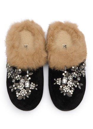 Detail View - Click To Enlarge - NAN-KU COUTURE - Embellished Suede Shearling Clogs