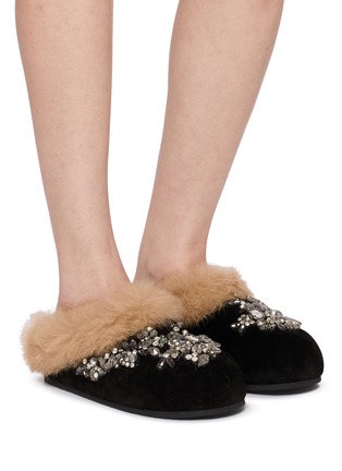 Figure View - Click To Enlarge - NAN-KU COUTURE - Embellished Suede Shearling Clogs