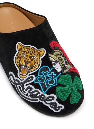 Detail View - Click To Enlarge - NAN-KU COUTURE - Embroidered Patch Suede Clogs