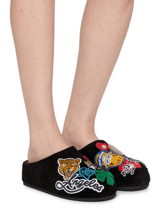 Figure View - Click To Enlarge - NAN-KU COUTURE - Embroidered Patch Suede Clogs