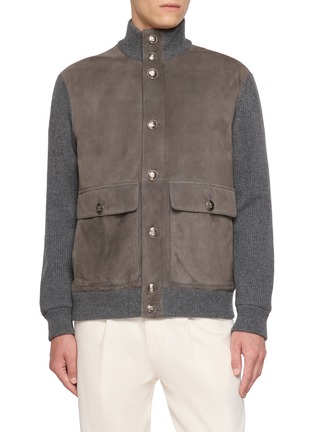 Main View - Click To Enlarge - BRUNELLO CUCINELLI - Leather Panel Knit Bomber Jacket