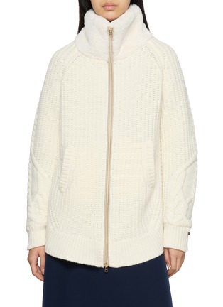 Main View - Click To Enlarge - HERNO - Fuzzy Collar Zip Up Cable Knit Wool Cardigan