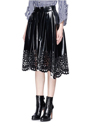 Front View - Click To Enlarge - MARC JACOBS - Floral lasercut hem PU laminated skirt