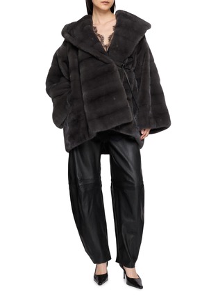 Figure View - Click To Enlarge - YVES SALOMON - Hooded Tie Front Fur Jacket