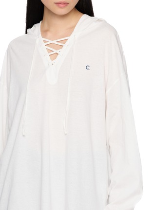  - CLOVE - Long Sleeve Deep V-Neck Lace Up Hooded Cotton Top