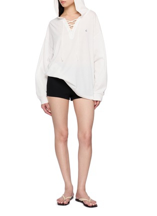 Figure View - Click To Enlarge - CLOVE - Long Sleeve Deep V-Neck Lace Up Hooded Cotton Top