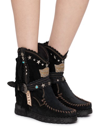 Figure View - Click To Enlarge - EL VAQUERO - Arya Studded Suede Wedge Moccasin Boots