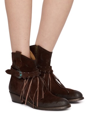Figure View - Click To Enlarge - TAJI - 35 Fringed Suede Western Ankle Boots
