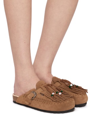 Figure View - Click To Enlarge - TAJI - Caribe Beaded Fringe Suede Clogs