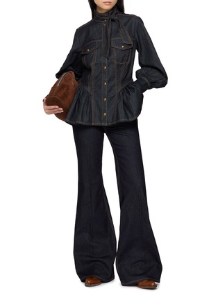 Figure View - Click To Enlarge - ZIMMERMANN - Scarf Neck Balloon Sleeve Dark Wash Denim Shirt