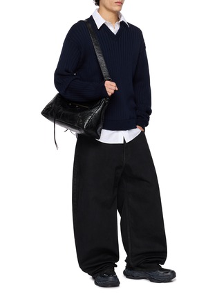 Figure View - Click To Enlarge - BALENCIAGA - Shirt Collar Ribbed Cotton Hybrid Knit Sweater