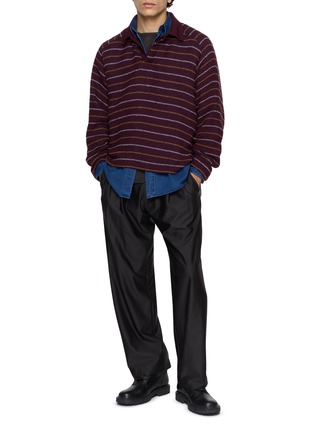 Figure View - Click To Enlarge - ANCELLM - Long Sleeve Textured Striped Polo Shirt