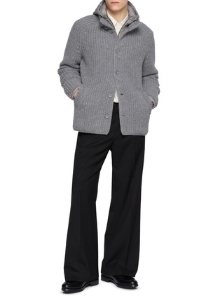 Figure View - Click To Enlarge - HERNO - Padded Bib Ribbed Wool Hood Cardigan