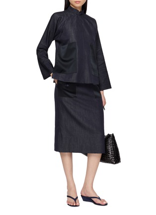 Figure View - Click To Enlarge - MS MIN - Denim Textured Drawstring Straight Midi Skirt