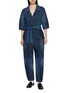 E.L.V. DENIM Classic Belted Patchwork Denim Jumpsuit