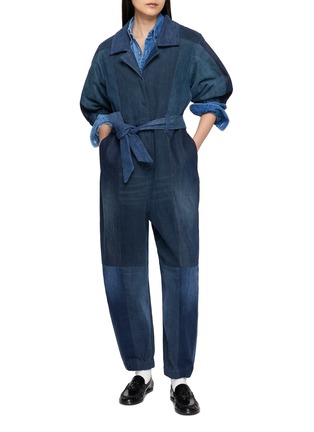 Figure View - Click To Enlarge - E.L.V. DENIM - Classic Belted Patchwork Denim Jumpsuit