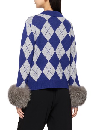 Back View - Click To Enlarge - IZAAK AZANEI - Argyle Print Fur Cuff Knit Cardigan
