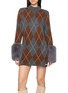 IZAAK AZANEI Argyle Print Faux Fur Cuff Knit Mini Dress