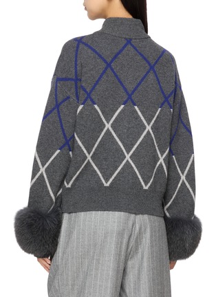 Back View - Click To Enlarge - IZAAK AZANEI - Argyle Faux Fur Cuff Knit Cardigan