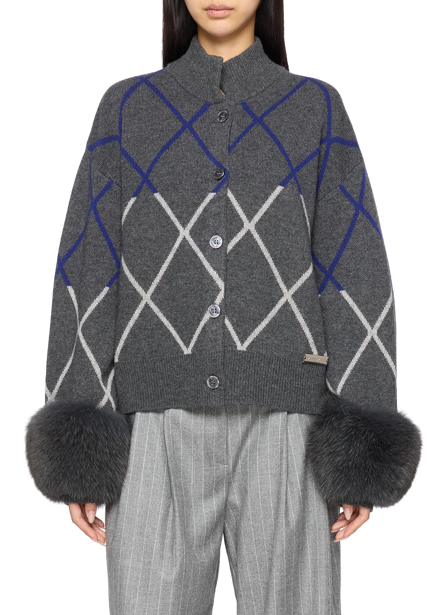 IZAAK AZANEI | Argyle Faux Fur Cuff Knit Cardigan | Women | Lane