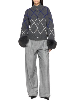 Figure View - Click To Enlarge - IZAAK AZANEI - Argyle Faux Fur Cuff Knit Cardigan