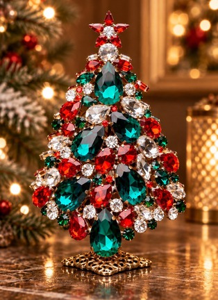  - LUXURY CZECH JEWELRY - Medium Rhinestone Magical Star Christmas Tree — Red/Green