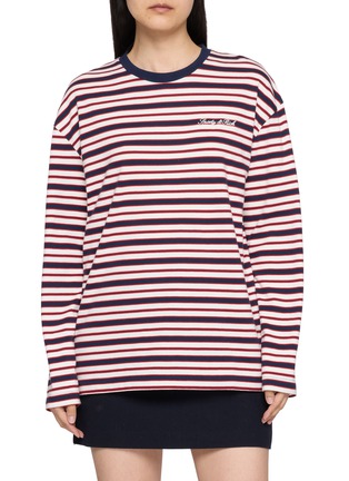 Main View - Click To Enlarge - SPORTY & RICH - Easy Long Sleeve Signature Logo Striped Cotton T-Shirt
