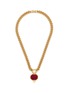 LANE CRAWFORD VINTAGE ACCESSORIES 1980s' Gold Toned Faux Pearl Red Enamel Pendant Necklace