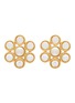 LANE CRAWFORD VINTAGE ACCESSORIES 1990s' Gold Toned Crystal Faux Pearl Flower Clip On Earrings