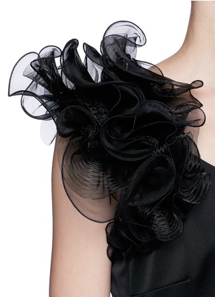 Detail View - Click To Enlarge - ARMANI COLLEZIONI - Gauze ruffle shoulder sleeveless satin gown