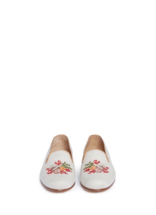 Front View - Click To Enlarge - STUBBS & WOOTTON - Coral seashell embroidered woven slip-ons