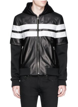 Main View - Click To Enlarge - GIVENCHY - Stripe leather bonded jersey hood jacket