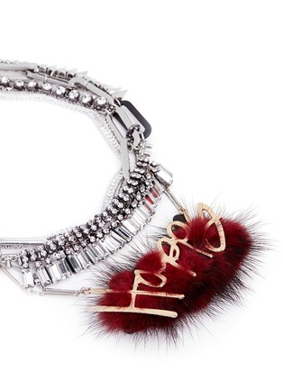 Detail View - Click To Enlarge - VENNA - 'Happy' slogan fur pendant crystal fringe necklace