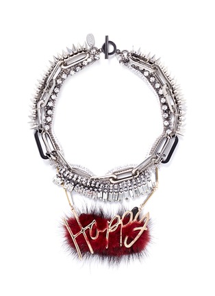 Main View - Click To Enlarge - VENNA - 'Happy' slogan fur pendant crystal fringe necklace