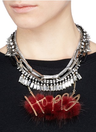 Figure View - Click To Enlarge - VENNA - 'Happy' slogan fur pendant crystal fringe necklace
