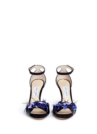 Front View - Click To Enlarge - JIMMY CHOO - 'ANNIE 85' FEATHER SEQUIN SUEDE SANDALS