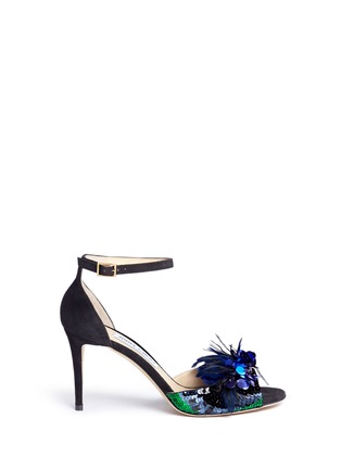 Main View - Click To Enlarge - JIMMY CHOO - 'ANNIE 85' FEATHER SEQUIN SUEDE SANDALS