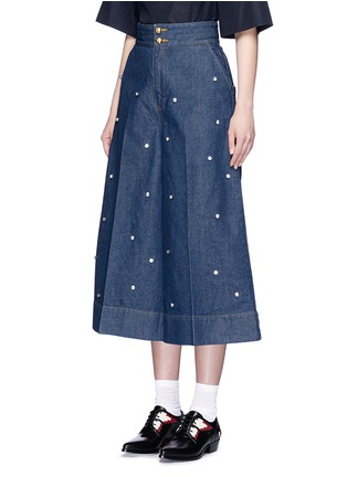 Front View - Click To Enlarge - MUVEIL - Jewel embellished denim culottes