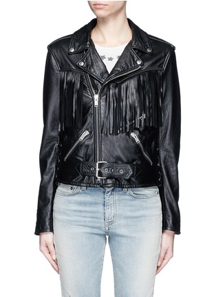 Main View - Click To Enlarge - SAINT LAURENT - Fringe lace-up leather motorcycle jacket
