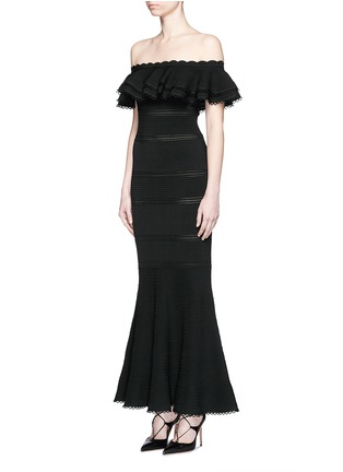Front View - Click To Enlarge - ALEXANDER MCQUEEN - Ruffle knit off-shoulder maxi dress