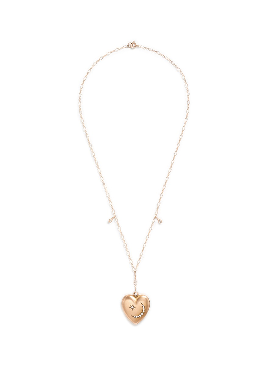 White quartz 14k gold chain heart antique locket necklace