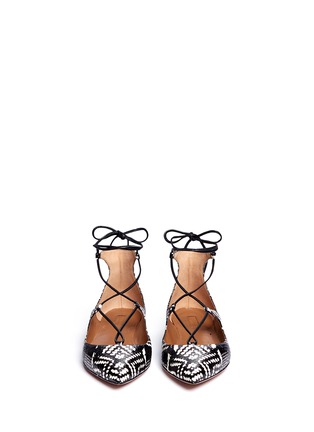 Front View - Click To Enlarge - AQUAZZURA - 'Christy' lace-up snakeskin leather flats