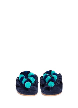 Front View - Click To Enlarge - FIGUE SHOES - 'Salome' mirror pompom embroidered leather thong sandals