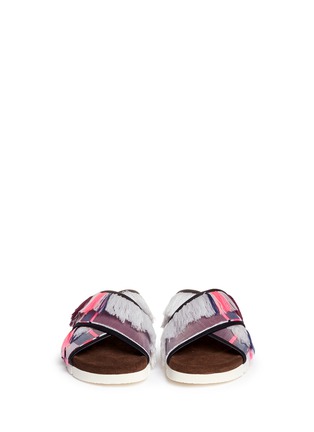 Front View - Click To Enlarge - MSGM - Fringe woven stripe crisscross band slide sandals