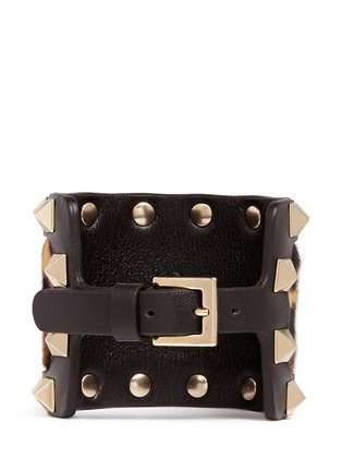 Back View - Click To Enlarge - VALENTINO GARAVANI - 'Rockstud' leopard print calf hair wide leather bracelet