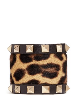 Main View - Click To Enlarge - VALENTINO GARAVANI - 'Rockstud' leopard print calf hair wide leather bracelet