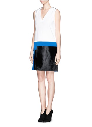 Front View - Click To Enlarge - VICTORIA, VICTORIA BECKHAM - Crackled patent leather and pony hair colourblock dress