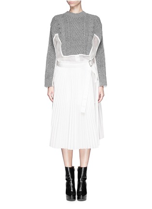 Main View - Click To Enlarge - SACAI - Cable knit panel poplin shirt with plissé chiffon wrap skirt
